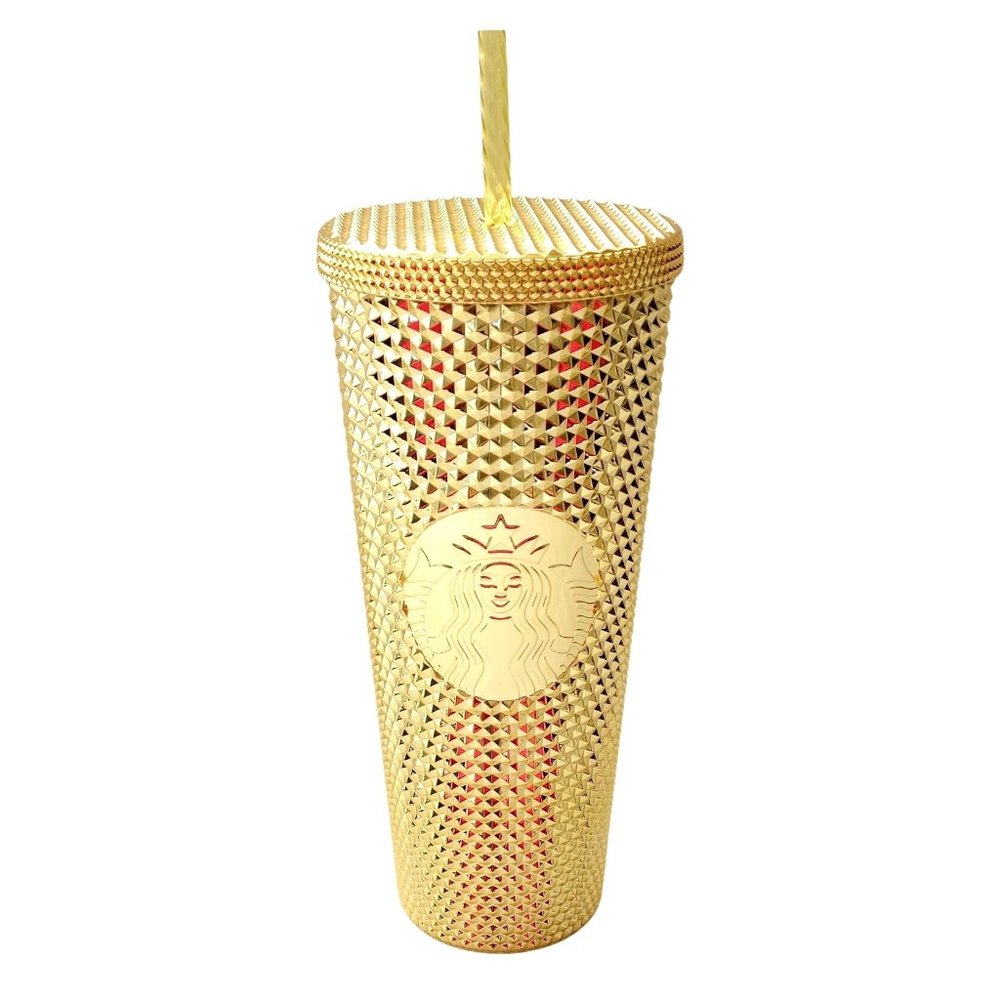 Starbucks 2021 Holiday Gold Diamond Pattern Coffee Cup Tumbler with Siren 24 Oz